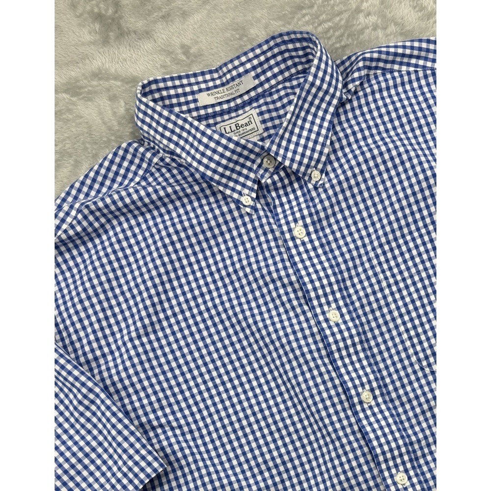 L.L. Bean Mens Size XXL Tall Short Sleeve Button Down Gingham Check Blue Shirt